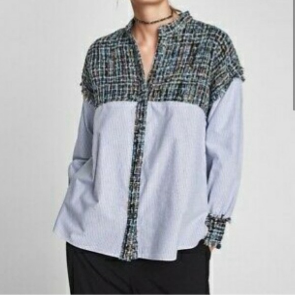 Zara Tops - Zara Mixed Material Tweed and Stripes Button Up Shirt.
Size S‎